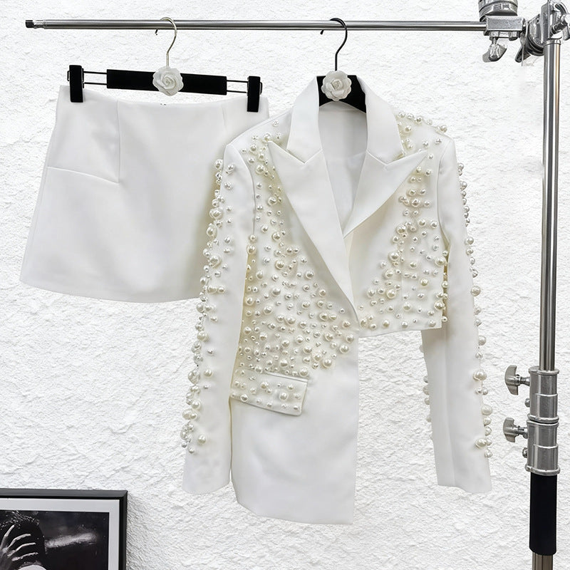 Womens Fashionable Deep V-Neck Heavy-Detailed Beaded Blazer And Skirt Set See size chart under “more details”