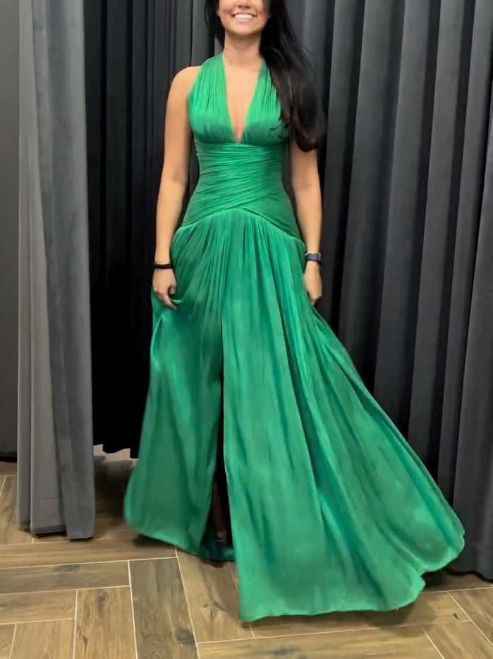 Emerald Green Plunging Neckline Gown With Pleated Skirt And Side Slit See size chart under “more details”