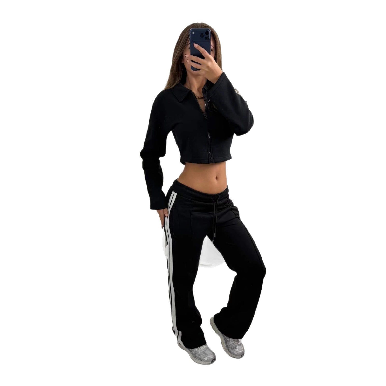 Womens Casual Sportswear Set Sweatpants And A Lapel-top Blouse