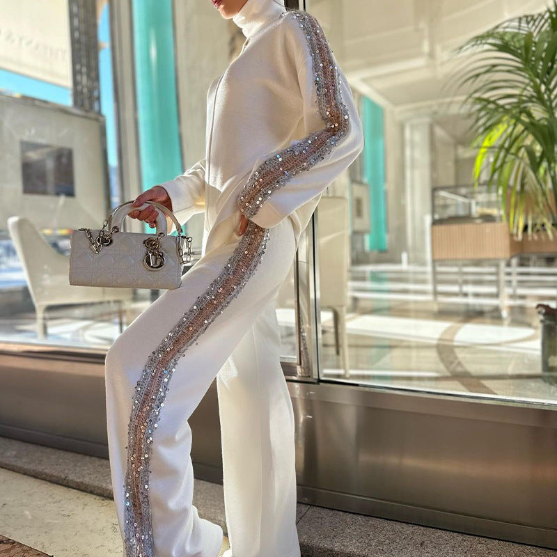 Turtleneck Fashion Niche Sequin Trim Blouse And Pants See size chart under “more details”