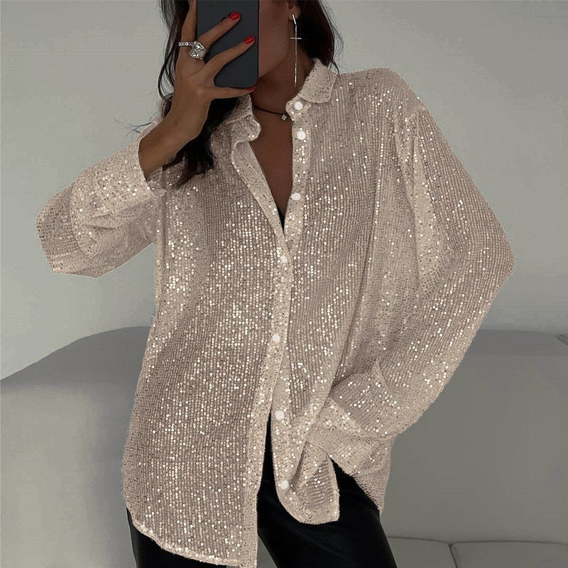 Sequin Lapel Long Sleeve Shirt See size chart under “more details”