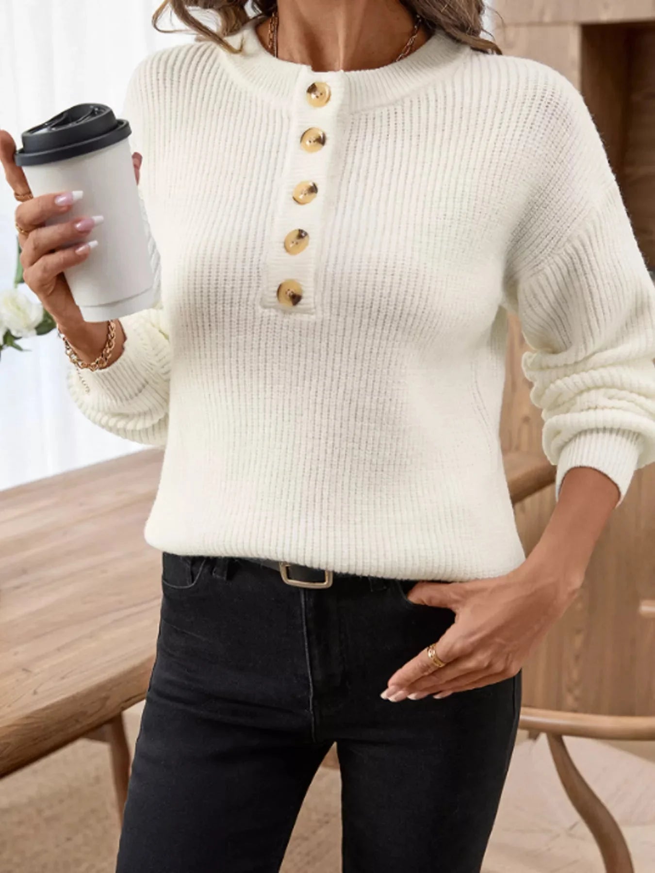 Button Detail Long Sleeve Sweater