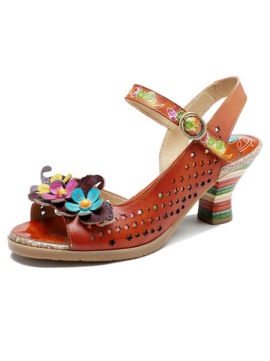 Starlit Radiance Three Flower Hollow Leather Sandals