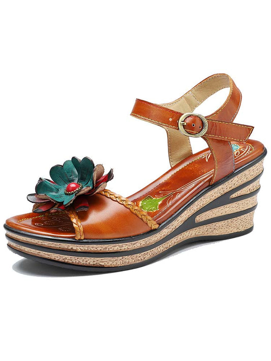Starlit Radiance Handmade Retro Floral Wedge Sandals For Poise