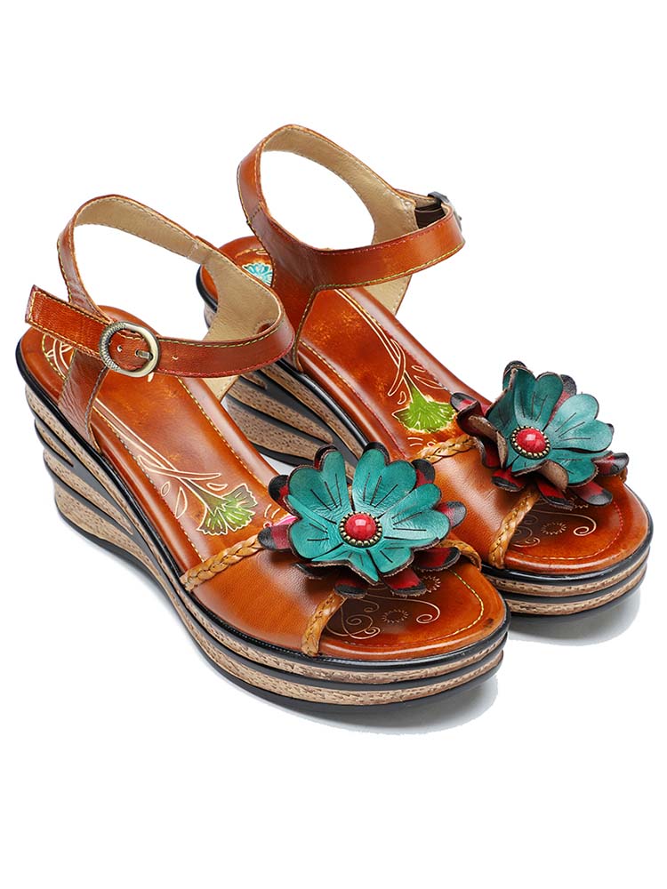Starlit Radiance Handmade Retro Floral Wedge Sandals For Poise