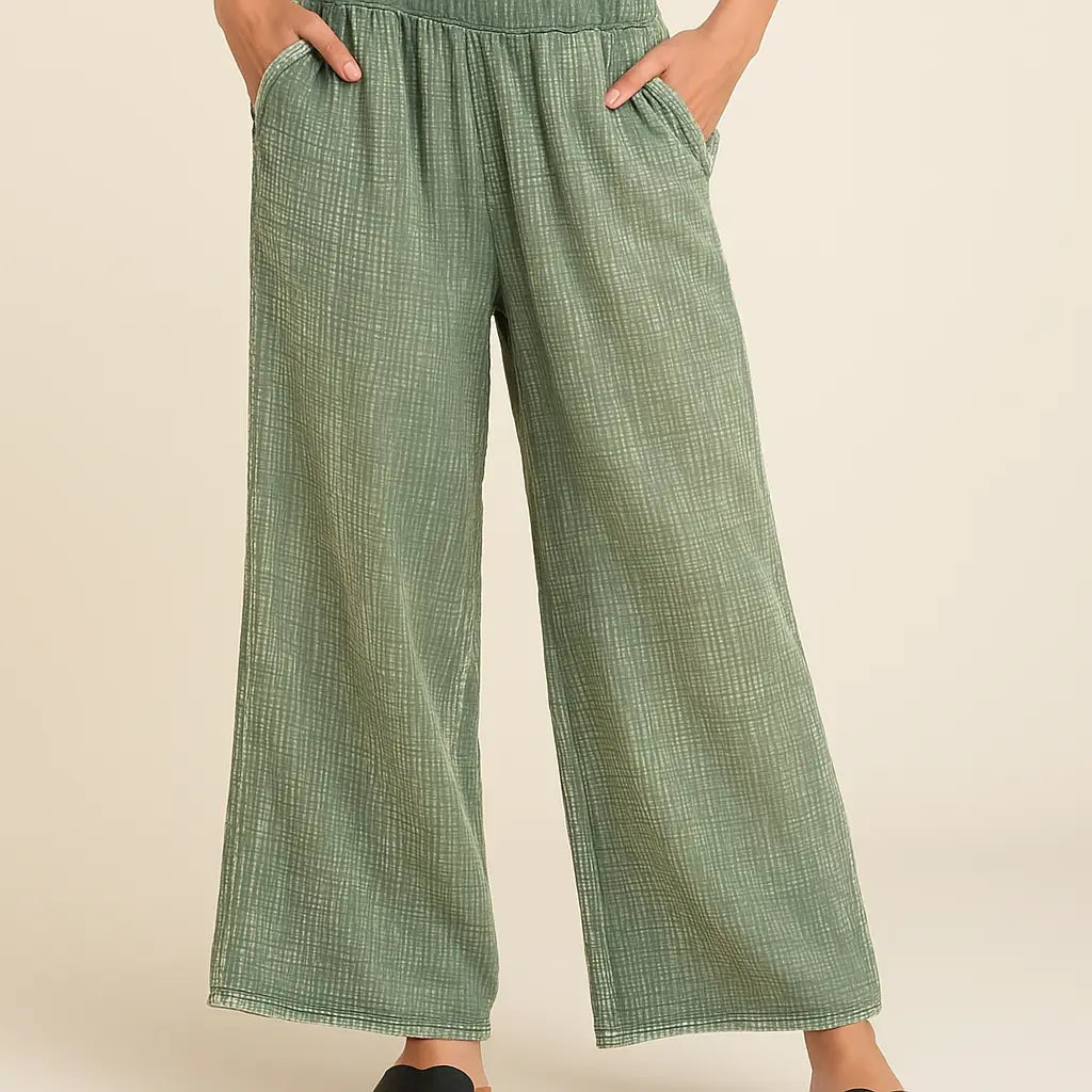 Zenana Jade Washed Cotton Gauze Wide Leg Palazzo Pants