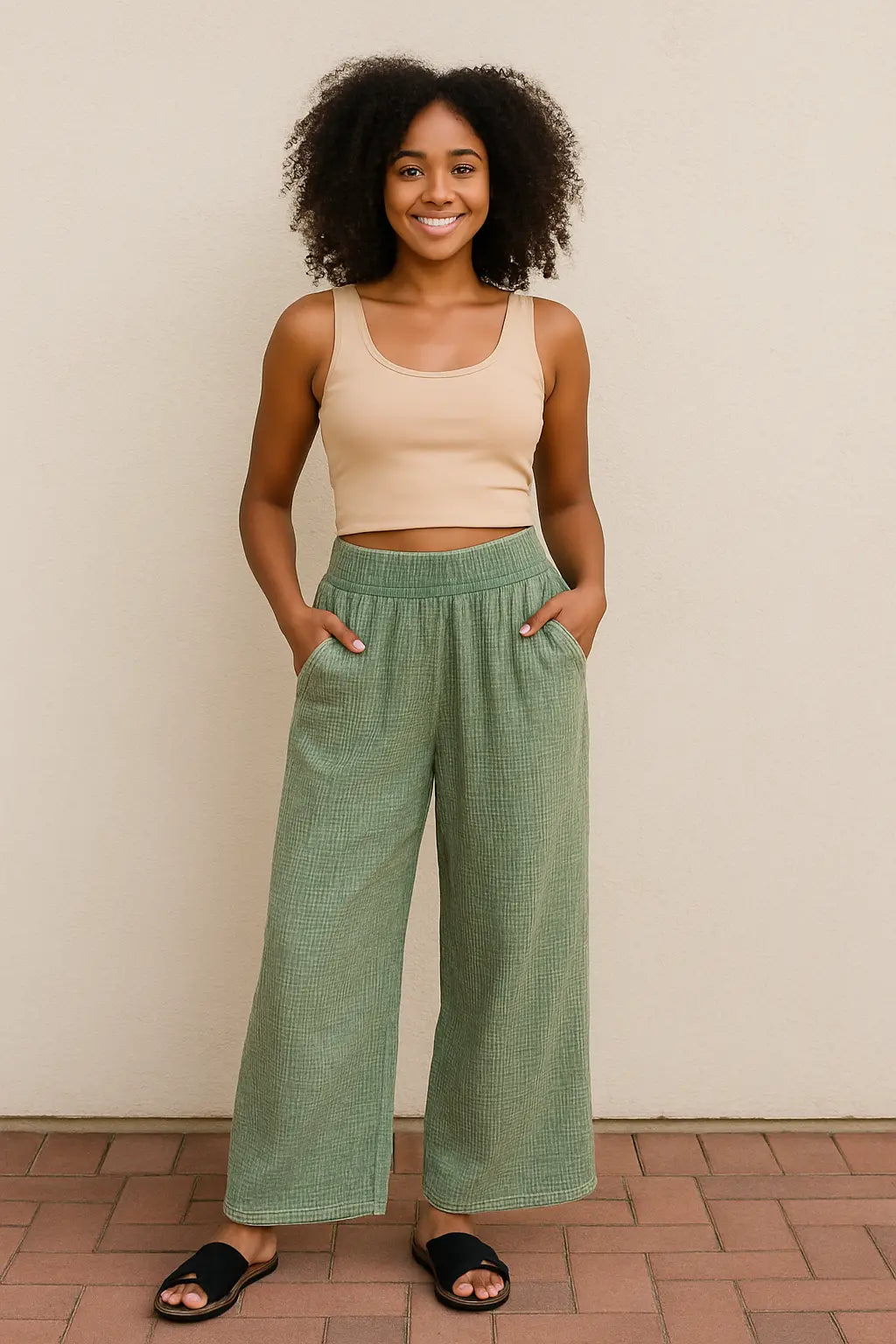 Zenana Jade Washed Cotton Gauze Wide Leg Palazzo Pants