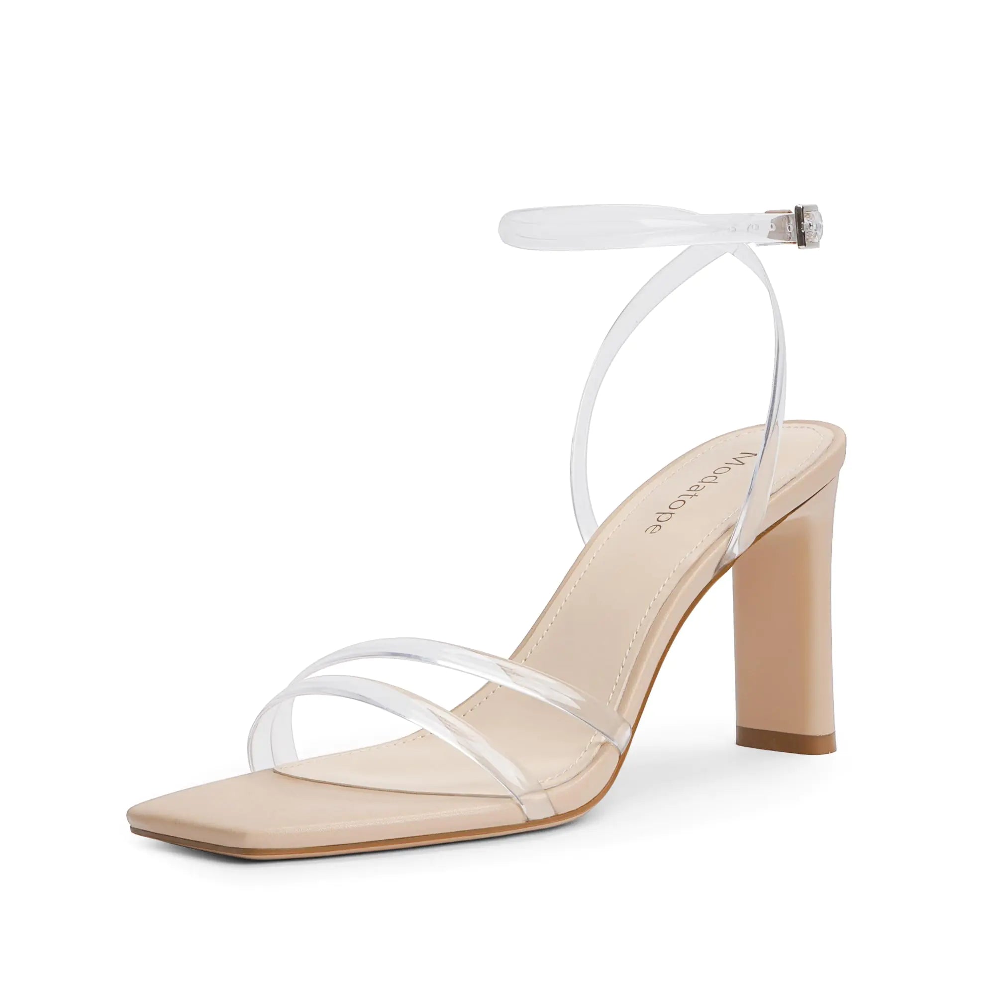 Modatope Womens Sandals Square Open Toe Chunky High Heels Strappy Ankle Strap Sandals Comfort Dress Party Shoes 9 Clear See size chart under “more details”