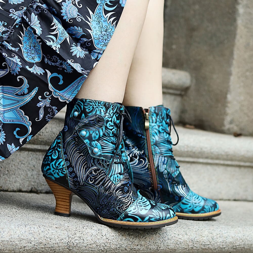 Stellar Blue Embossed Leather Ankle Boots Radiant Poise