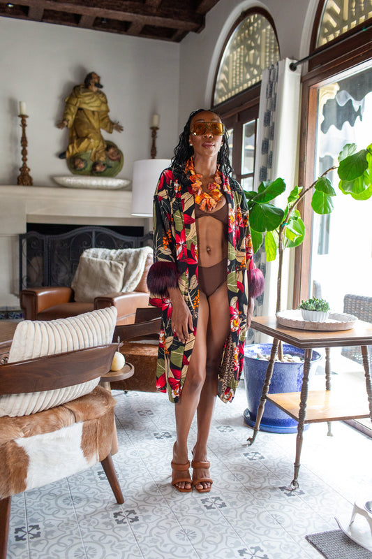 Jardin Nuit Faux Fur Koi Kimono