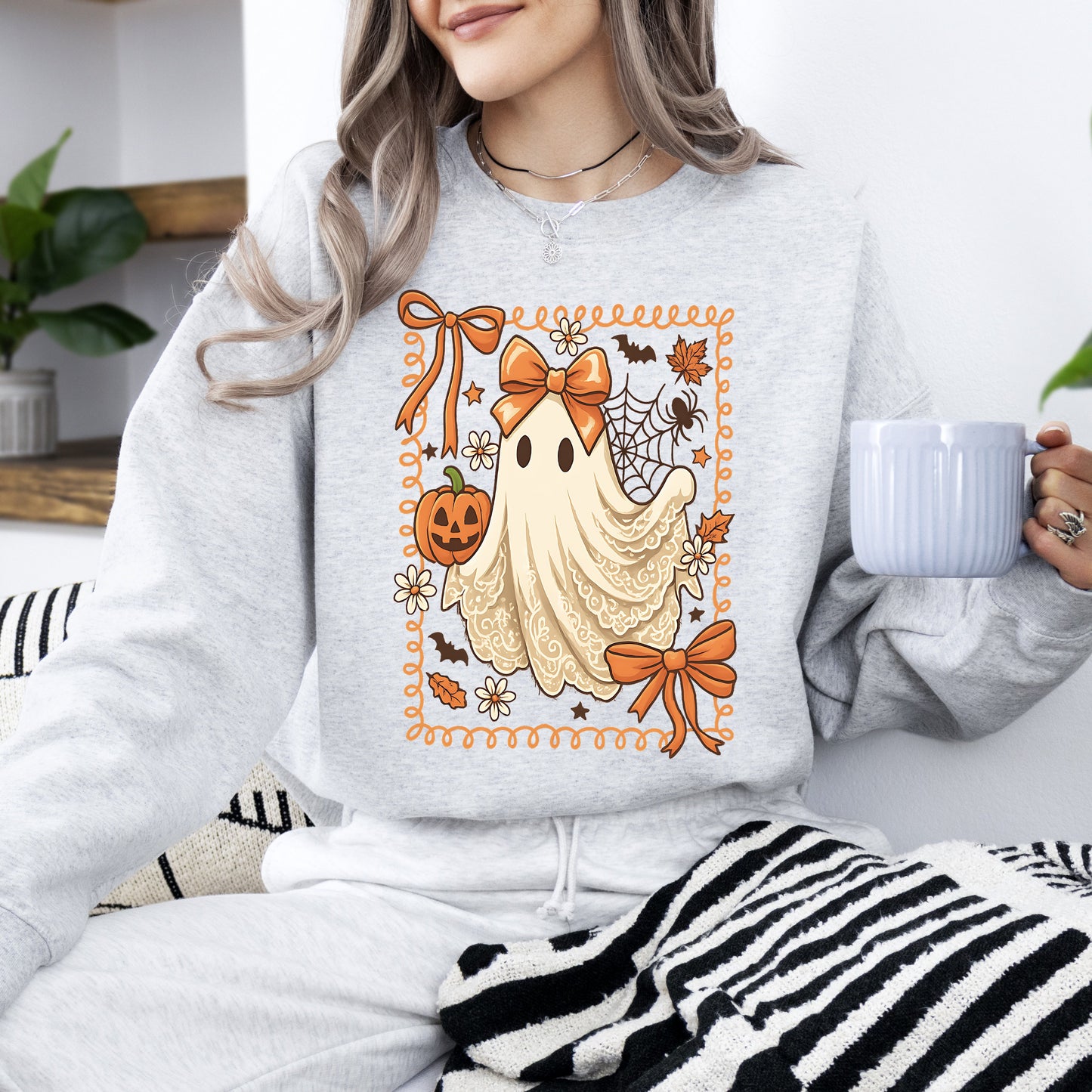 Cute Ghost, Bow, Coquette, Lace, Pumpkin, Halloween, Retro, Vintage, Spooky, Costume, Fall, Graphic Sweatshirt