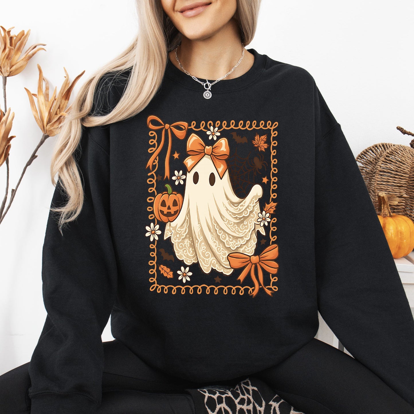 Cute Ghost, Bow, Coquette, Lace, Pumpkin, Halloween, Retro, Vintage, Spooky, Costume, Fall, Graphic Sweatshirt