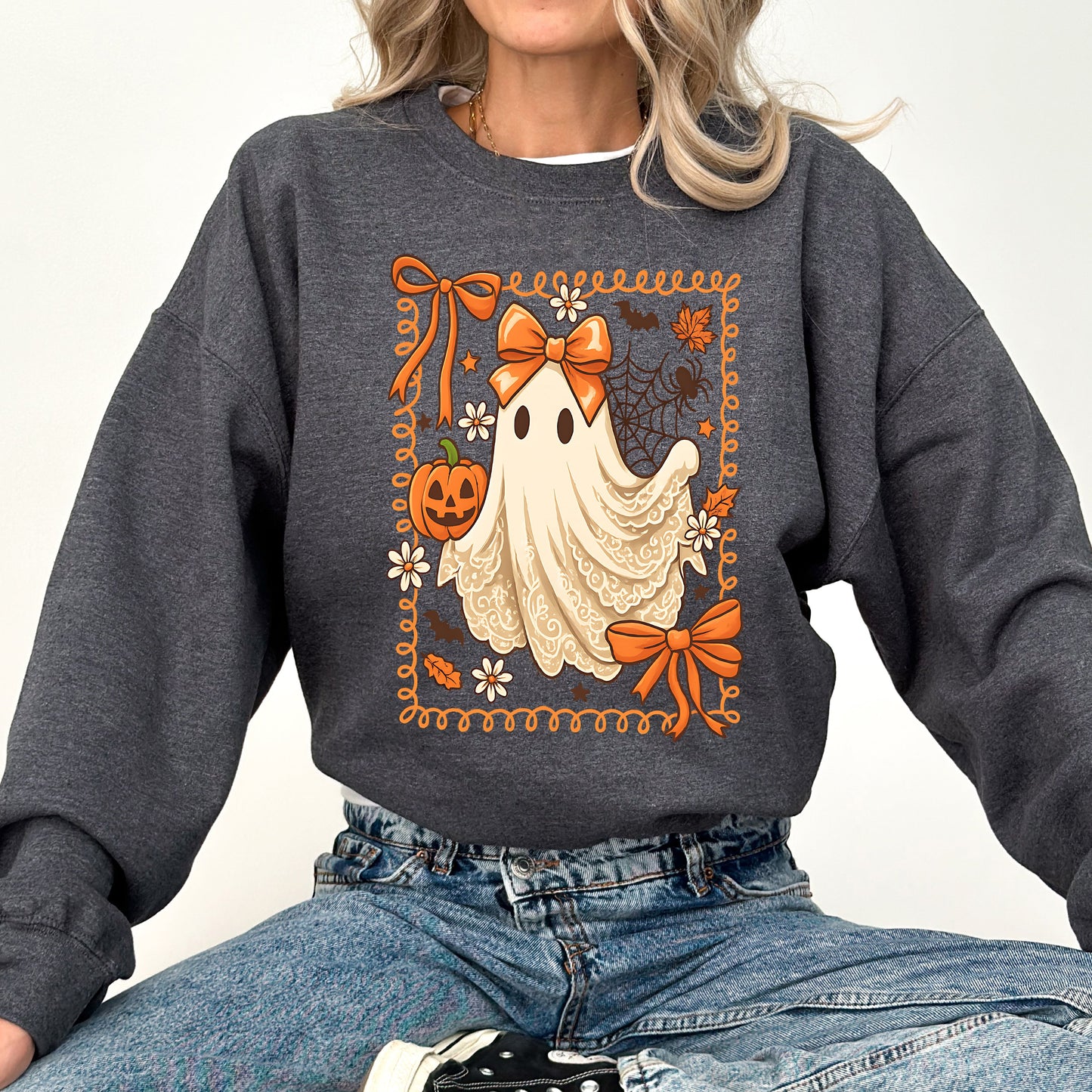Cute Ghost, Bow, Coquette, Lace, Pumpkin, Halloween, Retro, Vintage, Spooky, Costume, Fall, Graphic Sweatshirt