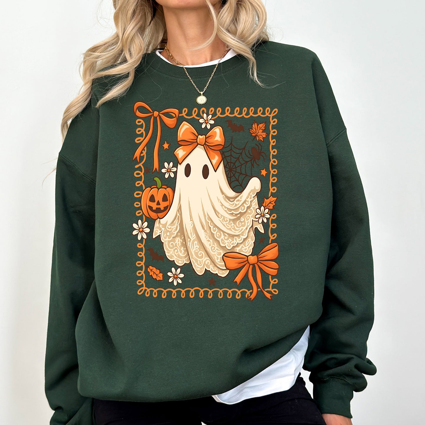 Cute Ghost, Bow, Coquette, Lace, Pumpkin, Halloween, Retro, Vintage, Spooky, Costume, Fall, Graphic Sweatshirt