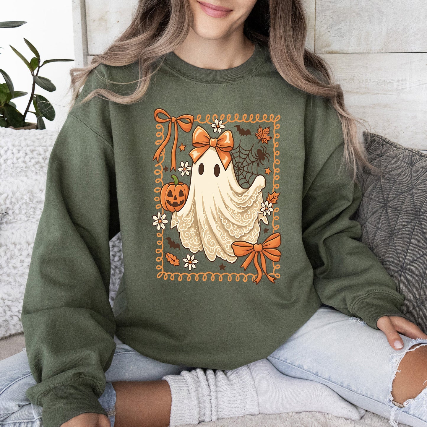 Cute Ghost, Bow, Coquette, Lace, Pumpkin, Halloween, Retro, Vintage, Spooky, Costume, Fall, Graphic Sweatshirt