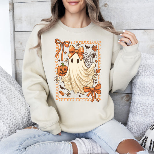 Cute Ghost, Bow, Coquette, Lace, Pumpkin, Halloween, Retro, Vintage, Spooky, Costume, Fall, Graphic Sweatshirt