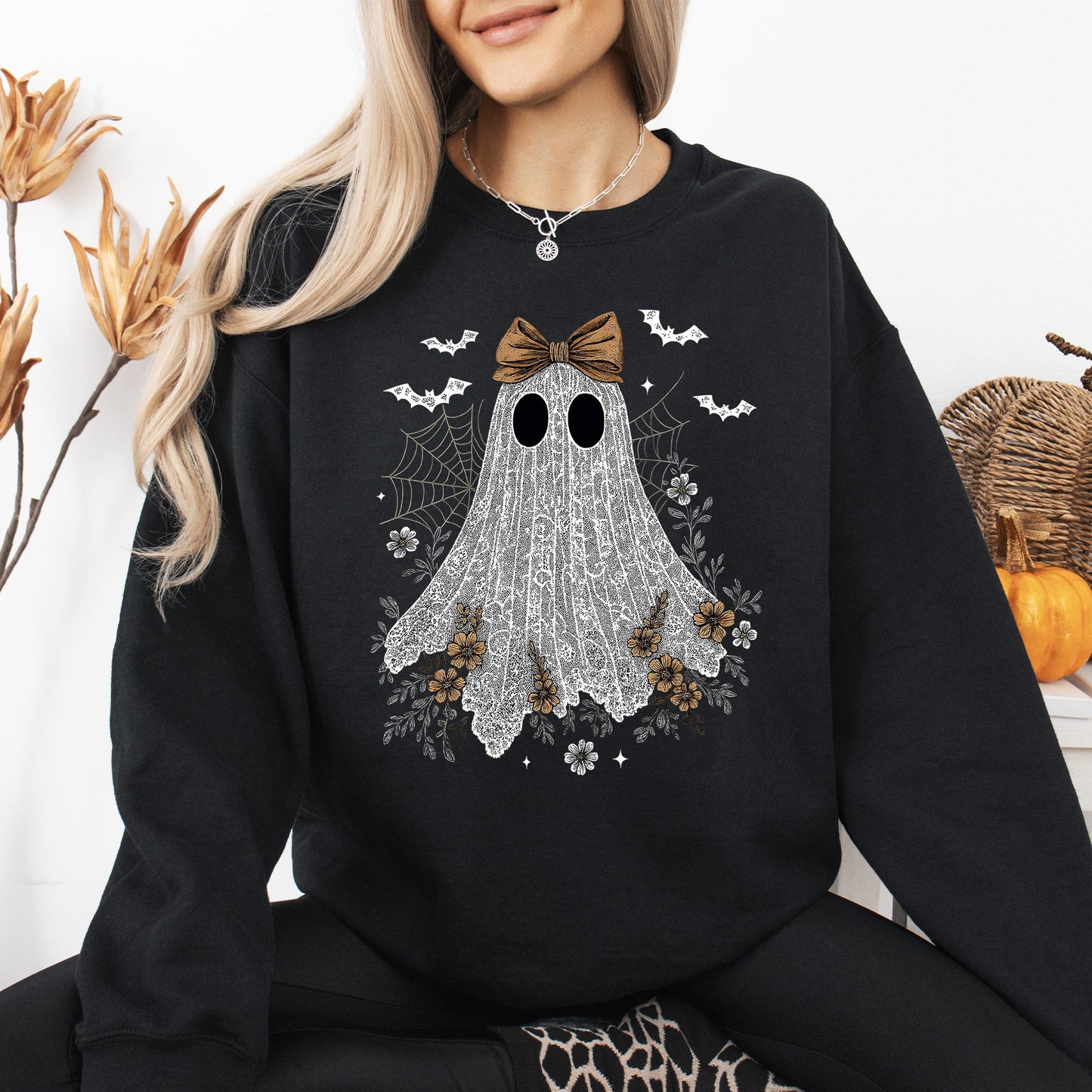 Cute Lace Ghost, Bow, Coquette, Bats, Halloween, Retro, Vintage, Spooky, Costume, Fall, Graphic Sweatshirt