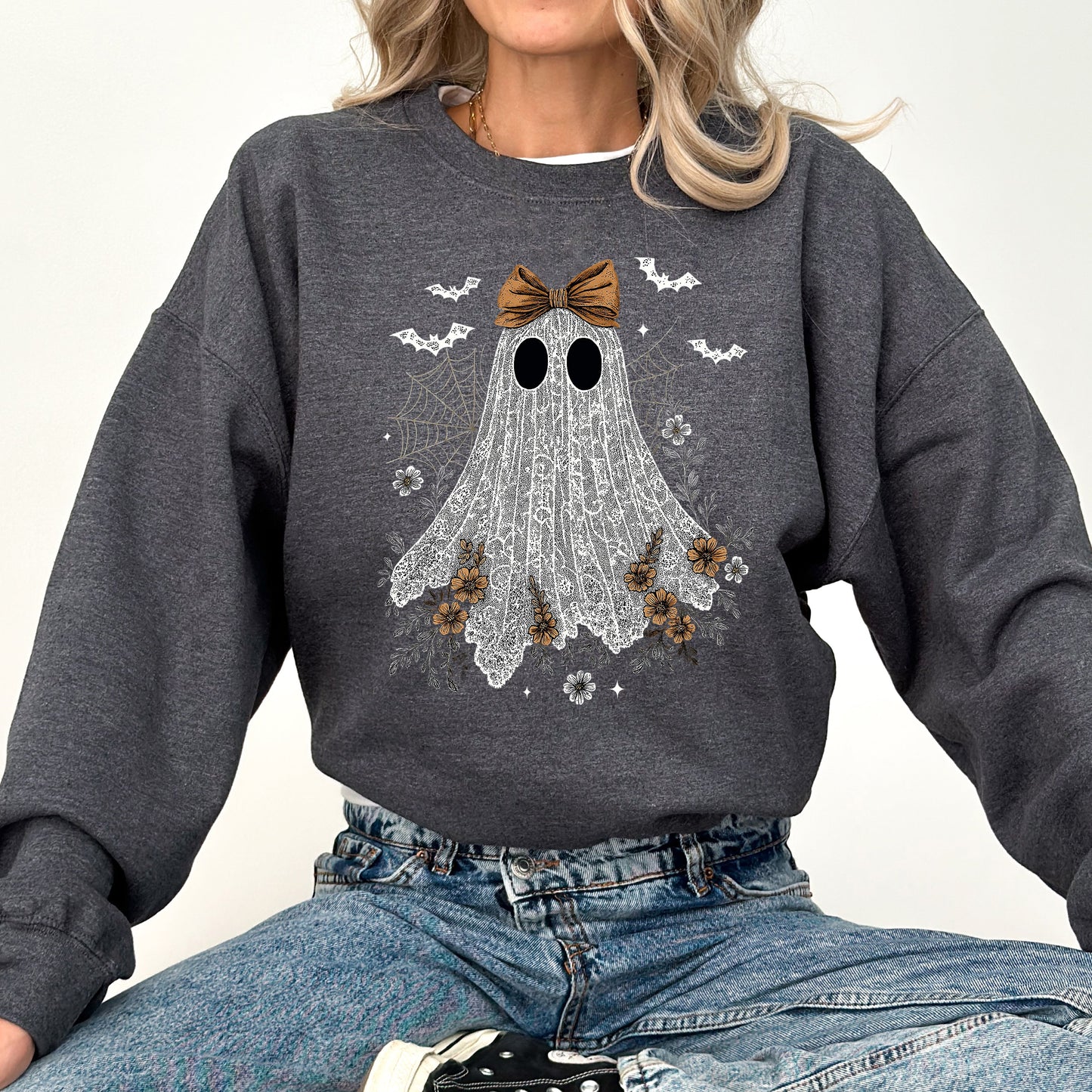 Cute Lace Ghost, Bow, Coquette, Bats, Halloween, Retro, Vintage, Spooky, Costume, Fall, Graphic Sweatshirt