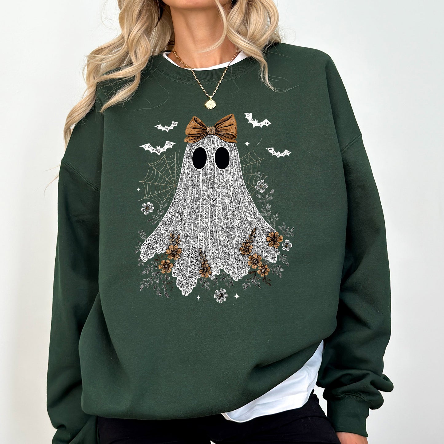 Cute Lace Ghost, Bow, Coquette, Bats, Halloween, Retro, Vintage, Spooky, Costume, Fall, Graphic Sweatshirt