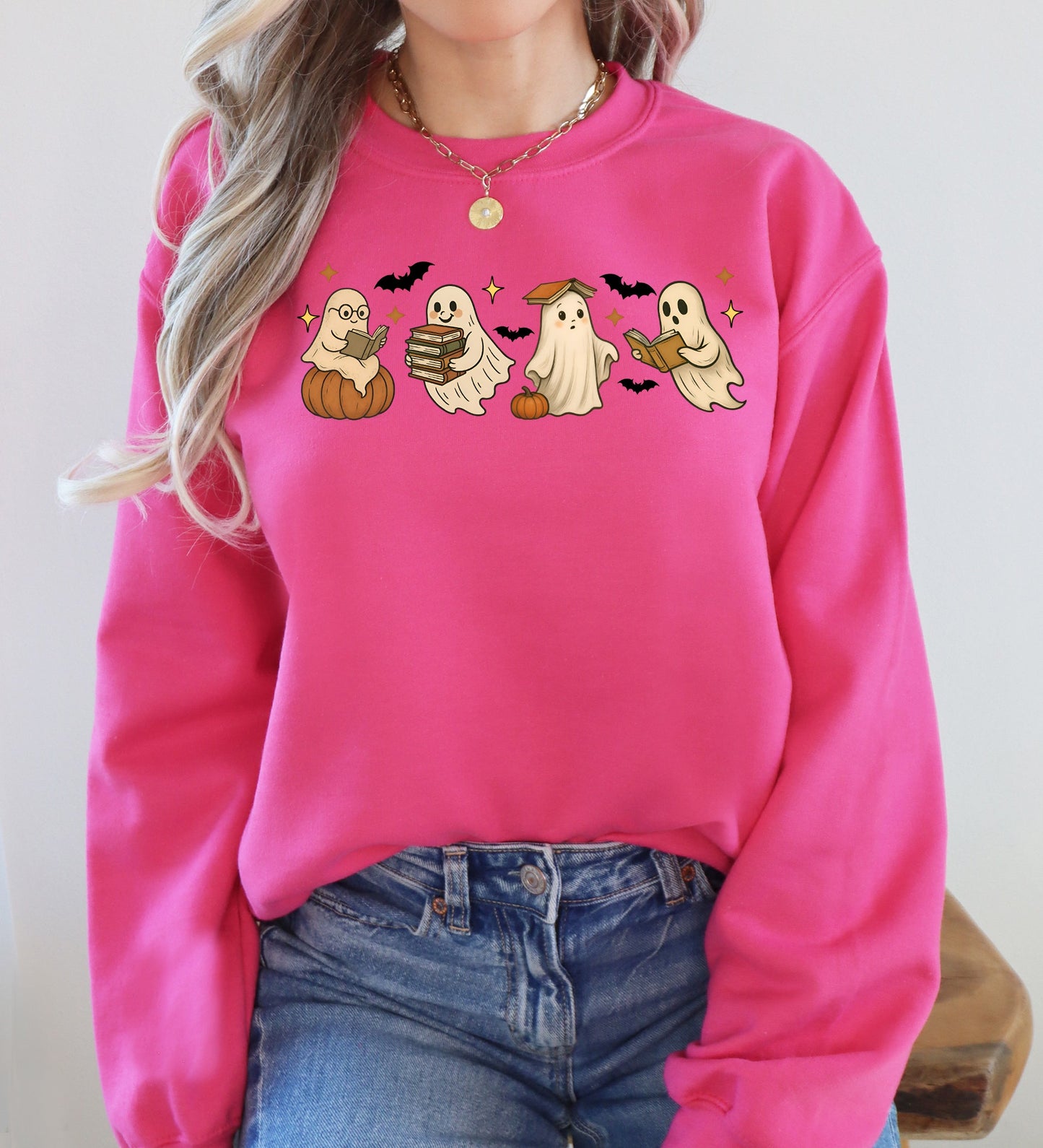 Reading Mini Ghosts, Book Lover, Halloween, Retro, Vintage, Spooky, Costume, Fall, Graphic Sweatshirt