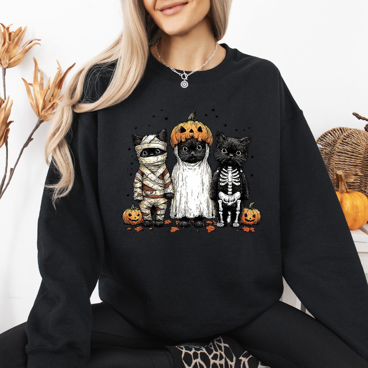 Funny Halloween Cats, Vintage, Ghost, Pumpkin, Retro, Spooky, Costume, Fall, Graphic Sweatshirt
