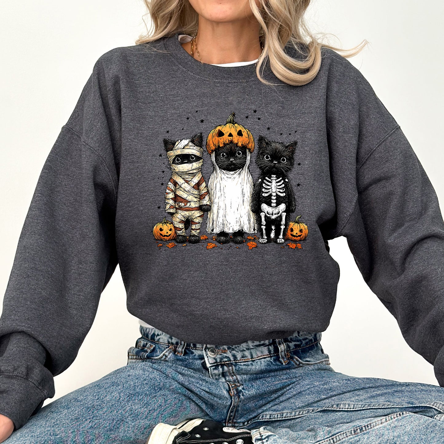 Funny Halloween Cats, Vintage, Ghost, Pumpkin, Retro, Spooky, Costume, Fall, Graphic Sweatshirt