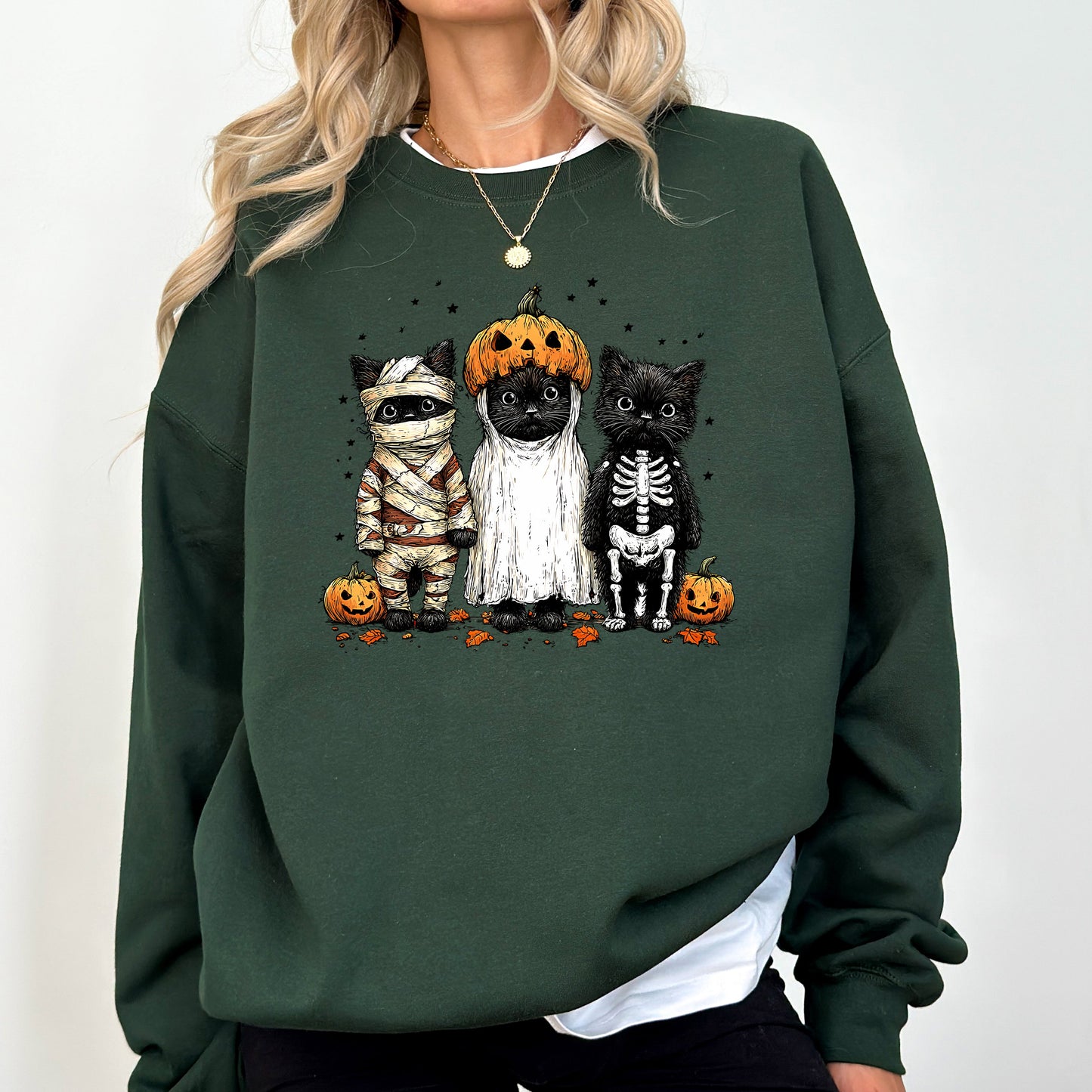Funny Halloween Cats, Vintage, Ghost, Pumpkin, Retro, Spooky, Costume, Fall, Graphic Sweatshirt