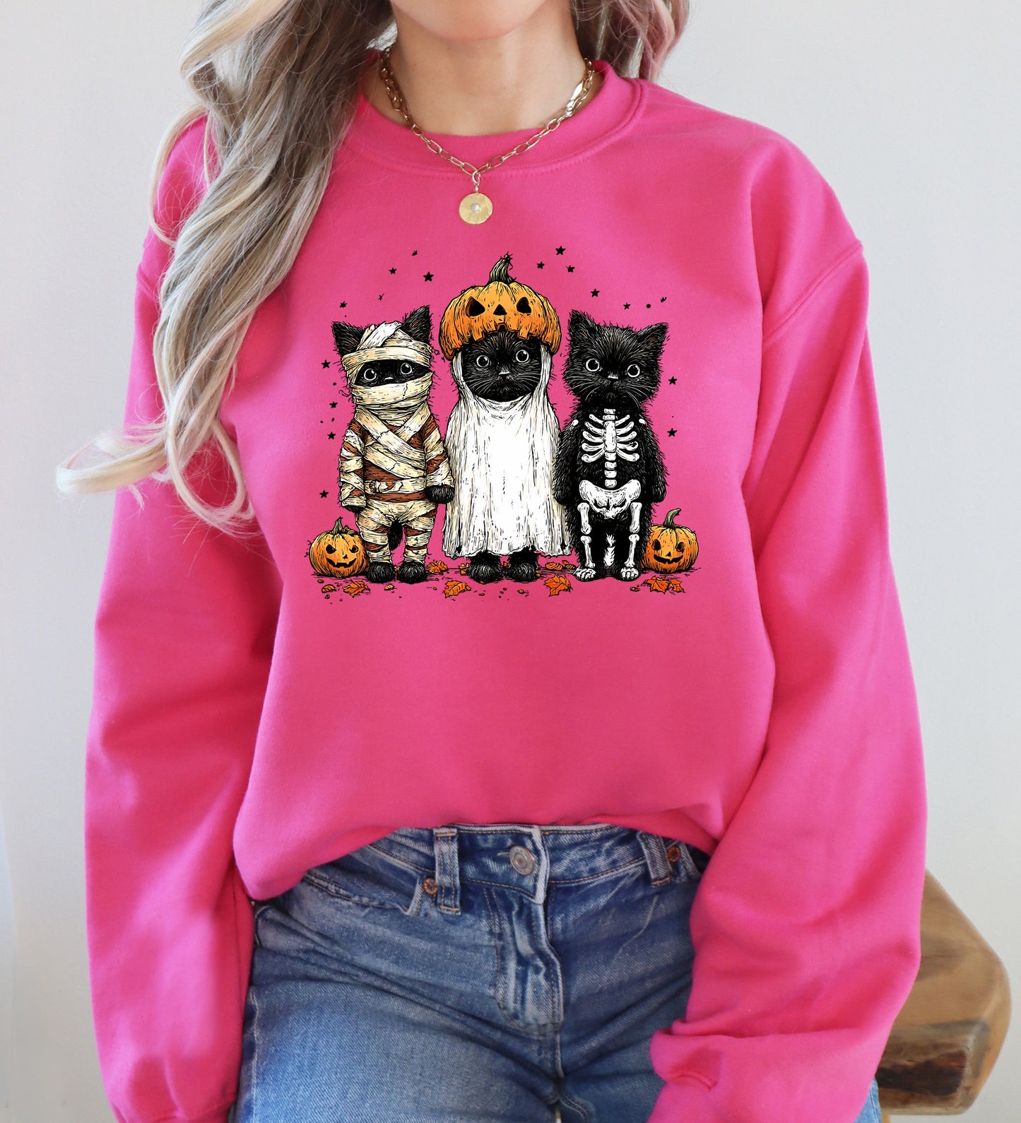 Funny Halloween Cats, Vintage, Ghost, Pumpkin, Retro, Spooky, Costume, Fall, Graphic Sweatshirt