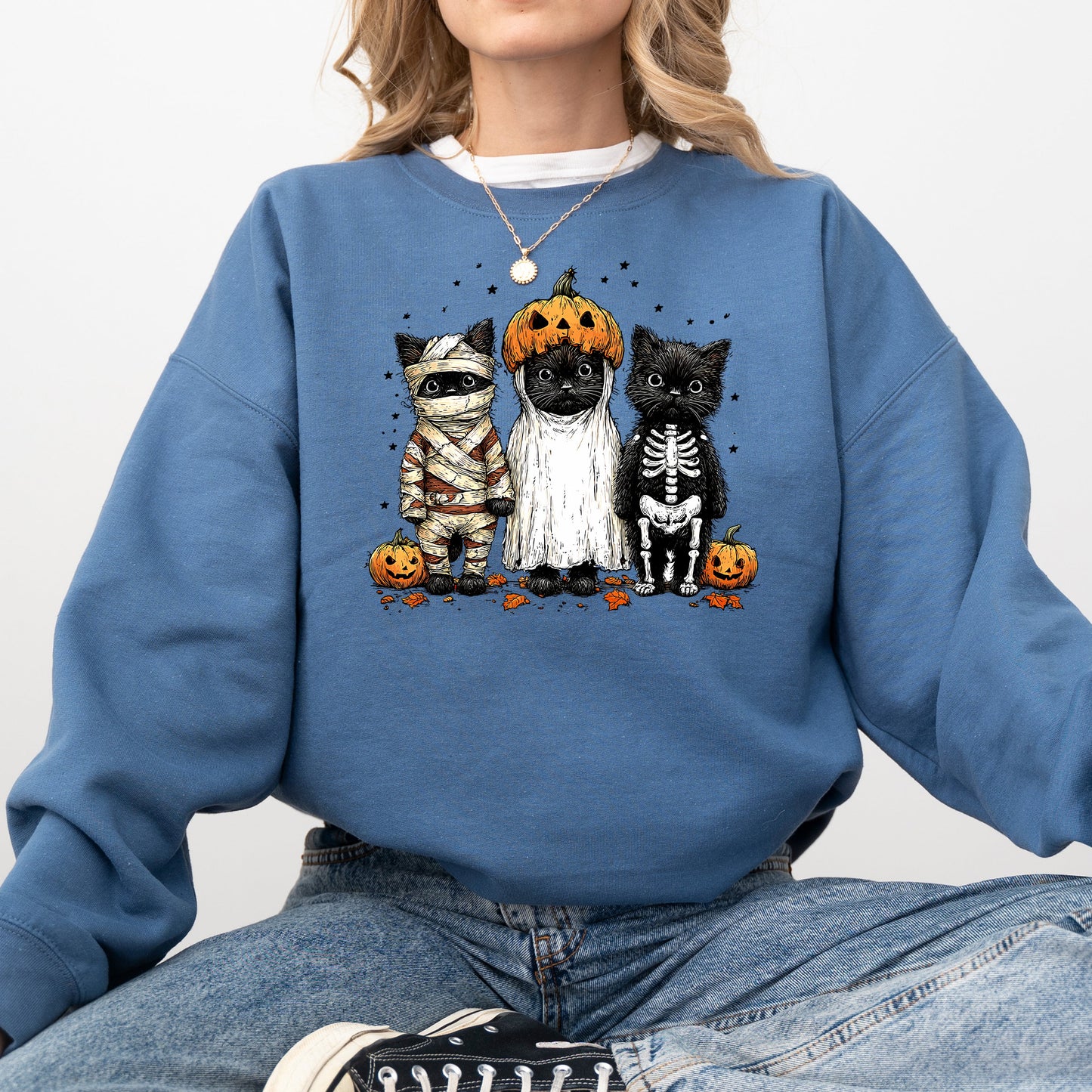 Funny Halloween Cats, Vintage, Ghost, Pumpkin, Retro, Spooky, Costume, Fall, Graphic Sweatshirt