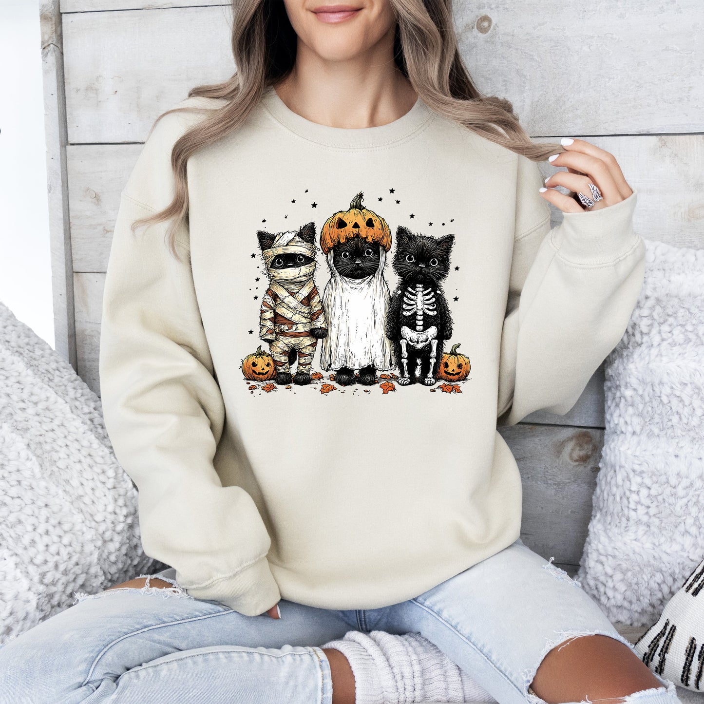 Funny Halloween Cats, Vintage, Ghost, Pumpkin, Retro, Spooky, Costume, Fall, Graphic Sweatshirt