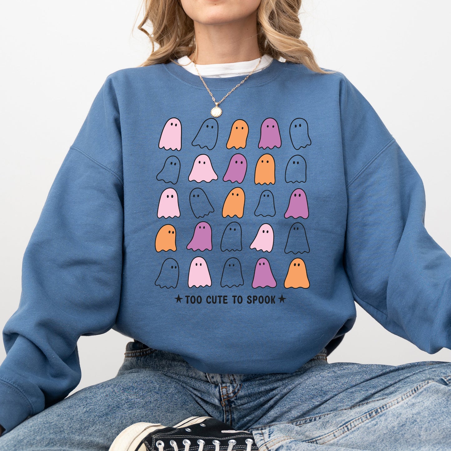 Too Cute to Spook, Mini Ghosts, Halloween, Vintage, Pumpkin, Retro, Spooky, Costume, Fall, Graphic Sweatshirt