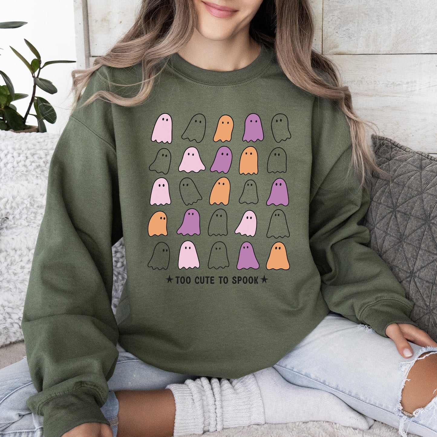 Too Cute to Spook, Mini Ghosts, Halloween, Vintage, Pumpkin, Retro, Spooky, Costume, Fall, Graphic Sweatshirt