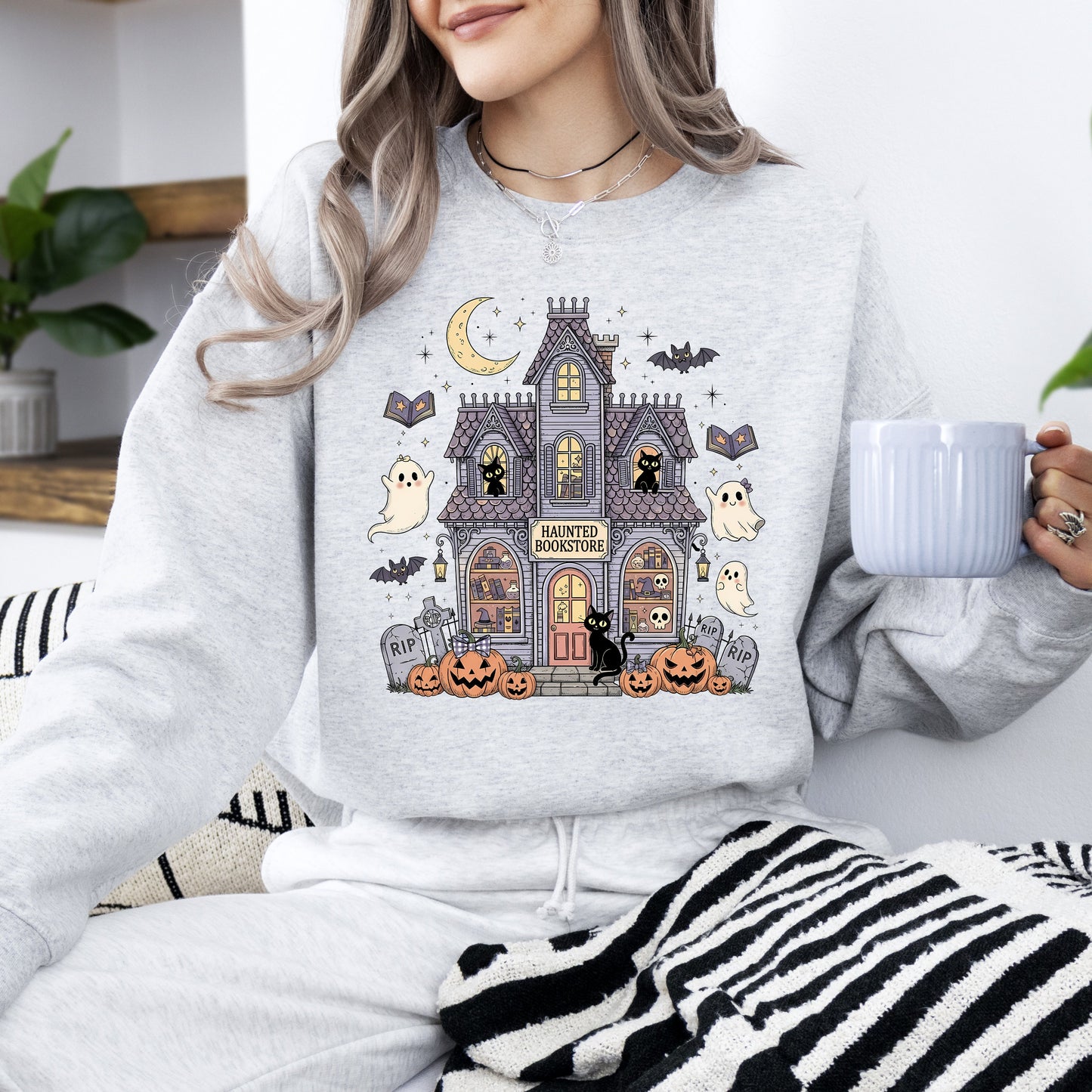 Haunted Book Store, Ghost, Halloween, Vintage, Pumpkin, Retro, Spooky, Costume, Fall, Graphic Sweatshirt