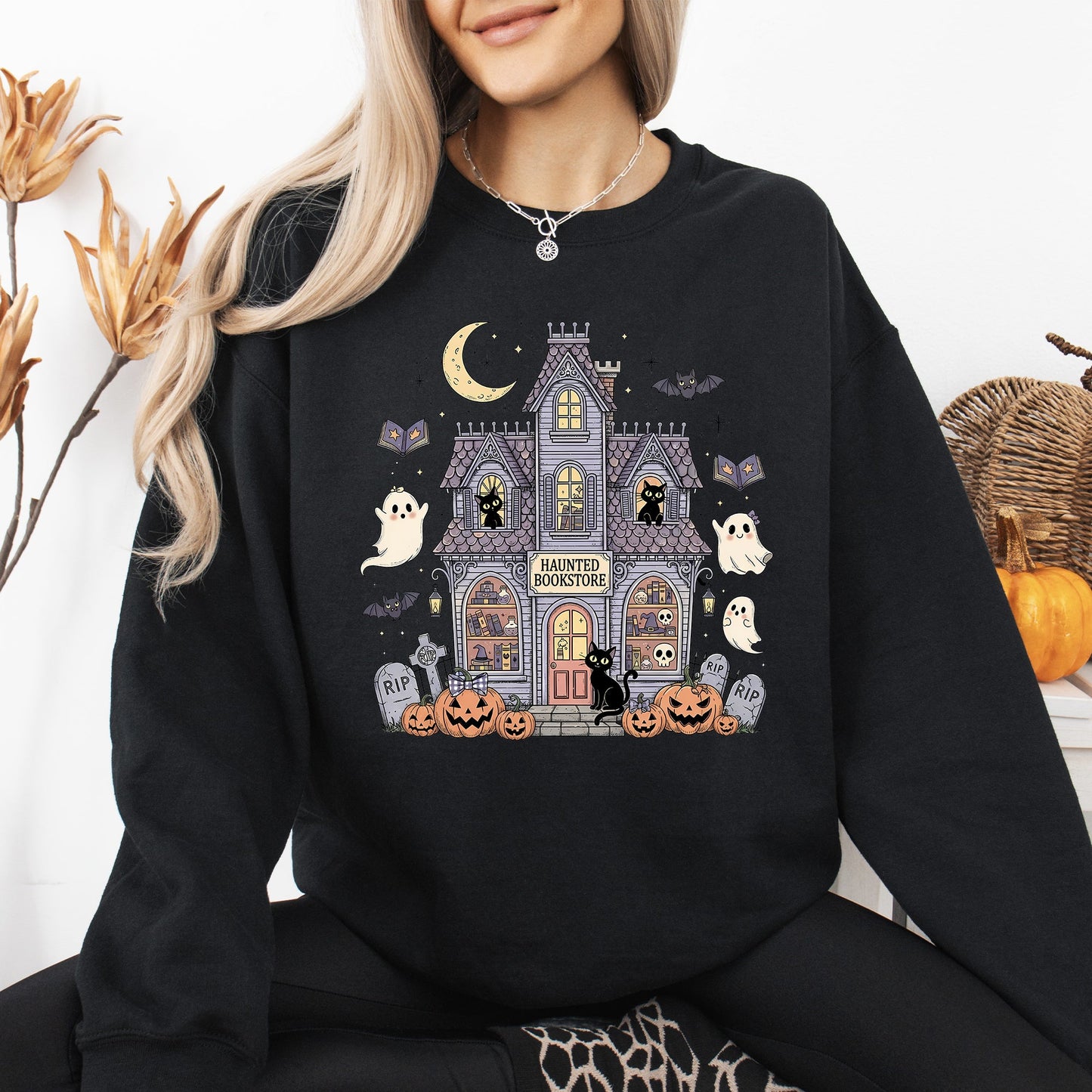 Haunted Book Store, Ghost, Halloween, Vintage, Pumpkin, Retro, Spooky, Costume, Fall, Graphic Sweatshirt