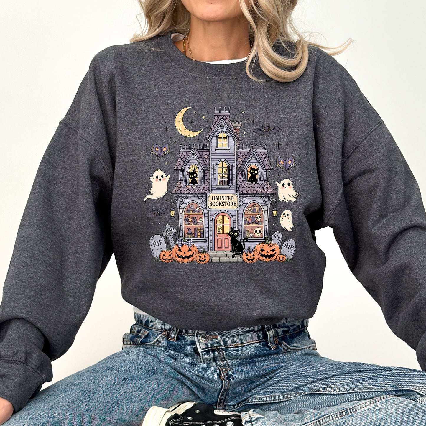 Haunted Book Store, Ghost, Halloween, Vintage, Pumpkin, Retro, Spooky, Costume, Fall, Graphic Sweatshirt
