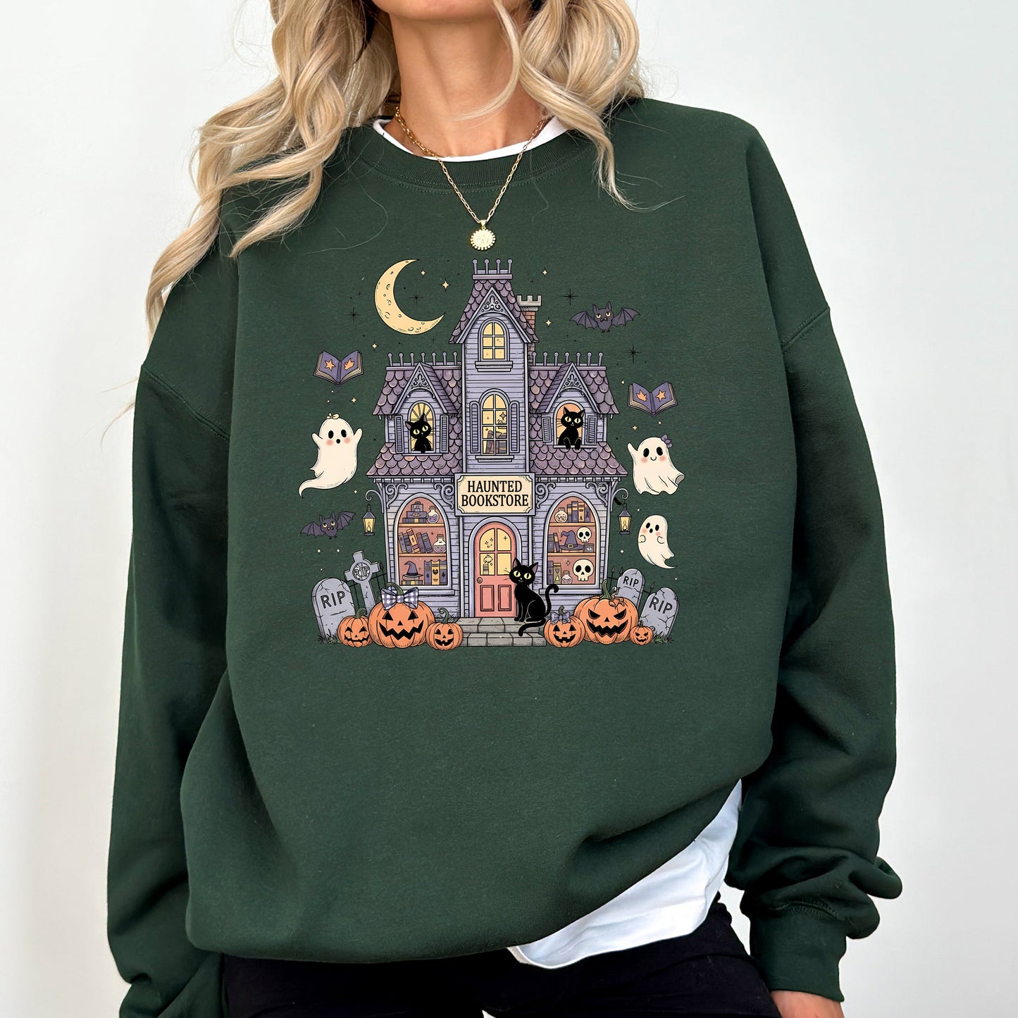 Haunted Book Store, Ghost, Halloween, Vintage, Pumpkin, Retro, Spooky, Costume, Fall, Graphic Sweatshirt
