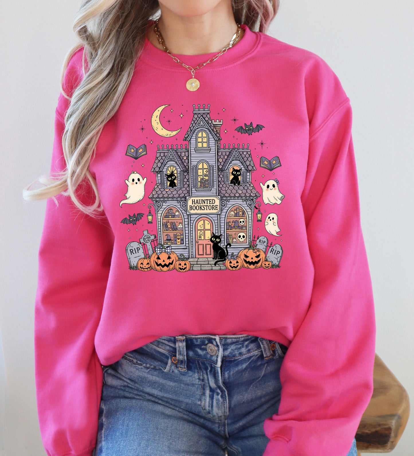 Haunted Book Store, Ghost, Halloween, Vintage, Pumpkin, Retro, Spooky, Costume, Fall, Graphic Sweatshirt
