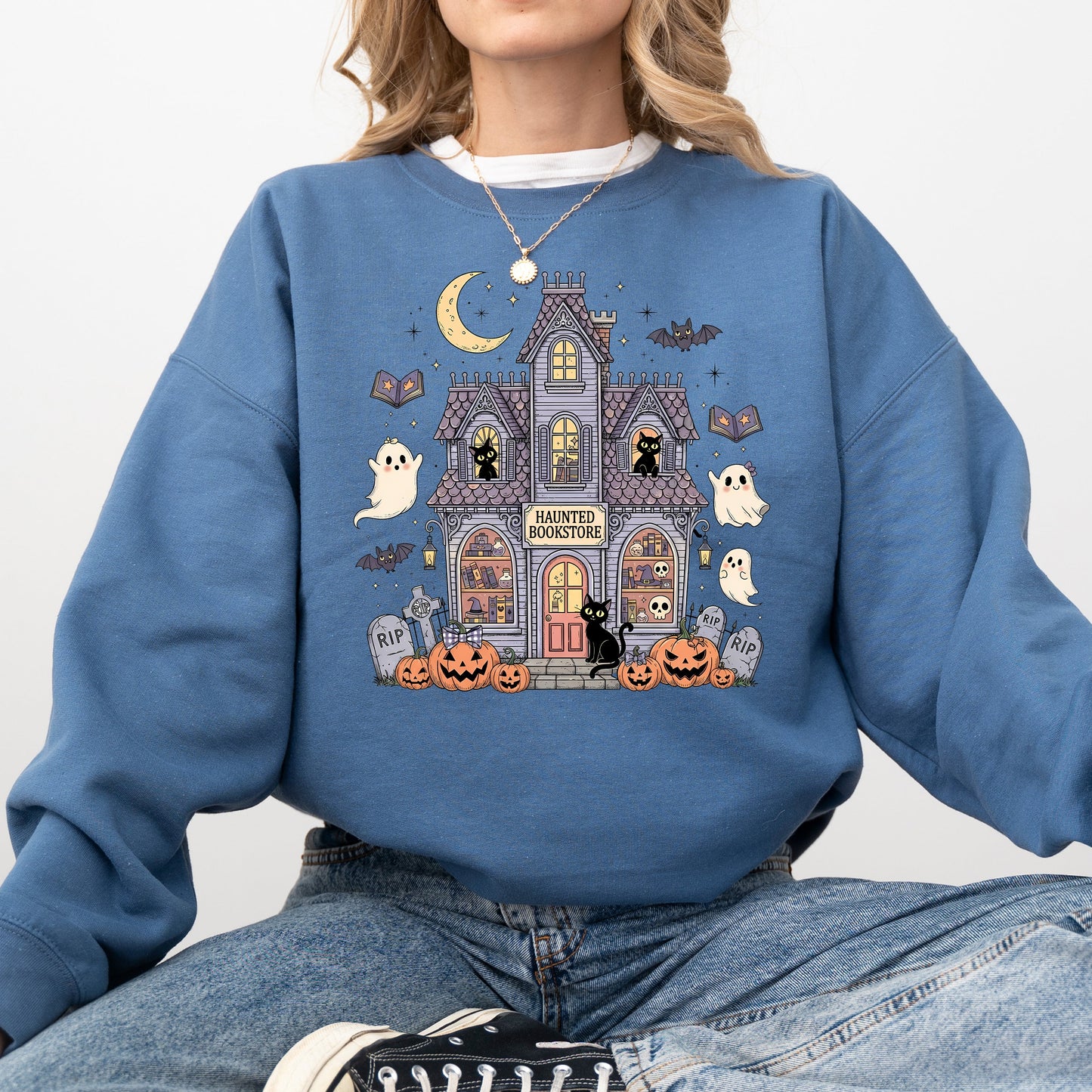Haunted Book Store, Ghost, Halloween, Vintage, Pumpkin, Retro, Spooky, Costume, Fall, Graphic Sweatshirt