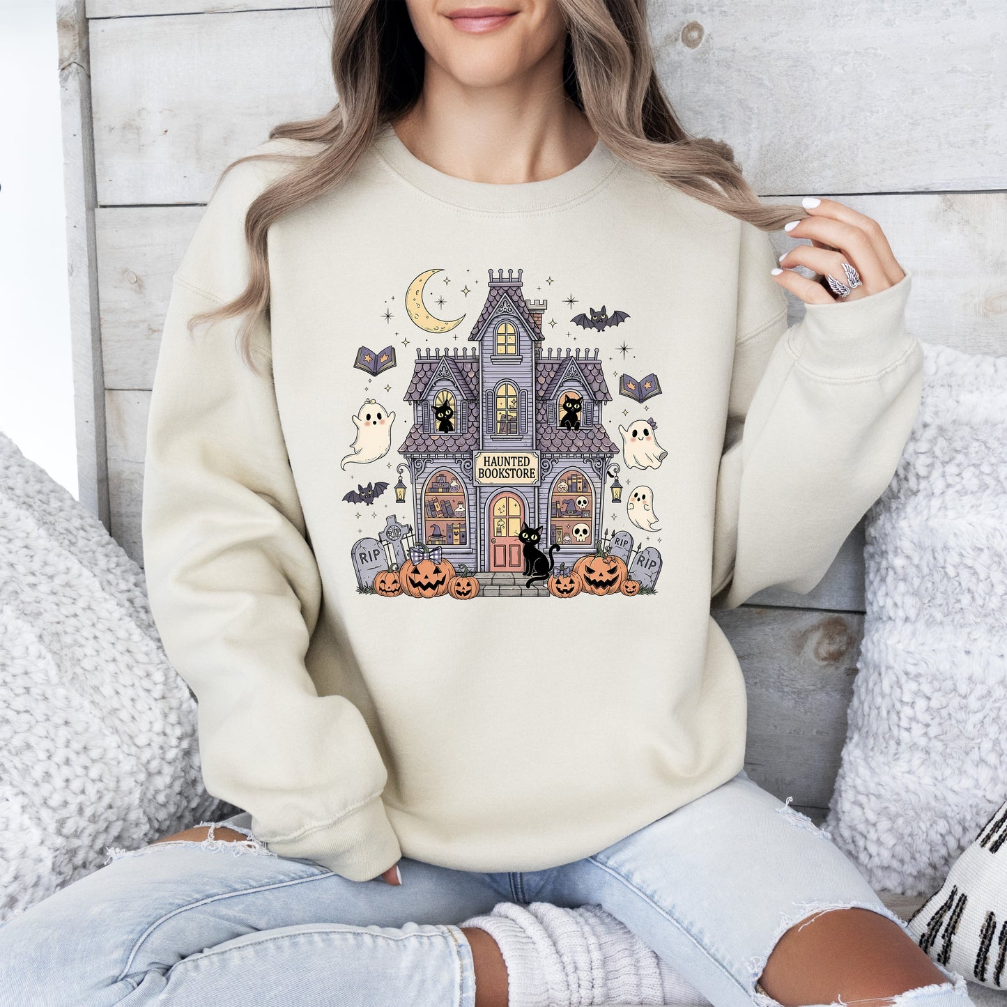 Haunted Book Store, Ghost, Halloween, Vintage, Pumpkin, Retro, Spooky, Costume, Fall, Graphic Sweatshirt