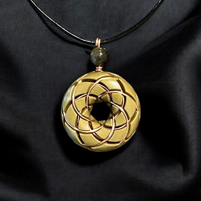 Torus Vortex Pendant- Brass and Libyan Desert Glass Orgonite Necklace Rodin Coil See size chart under “more details”