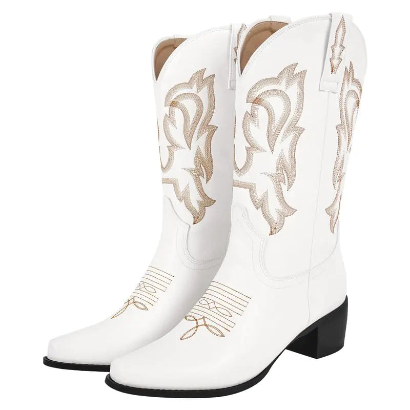 richealnini Western Boots Cowboy Cowgirl Boots with Block Heels Sexy Heels for Women Pull On Embroidered Wide Calf Boots Wedding Shoes White Size 9 See size chart under “more details”
