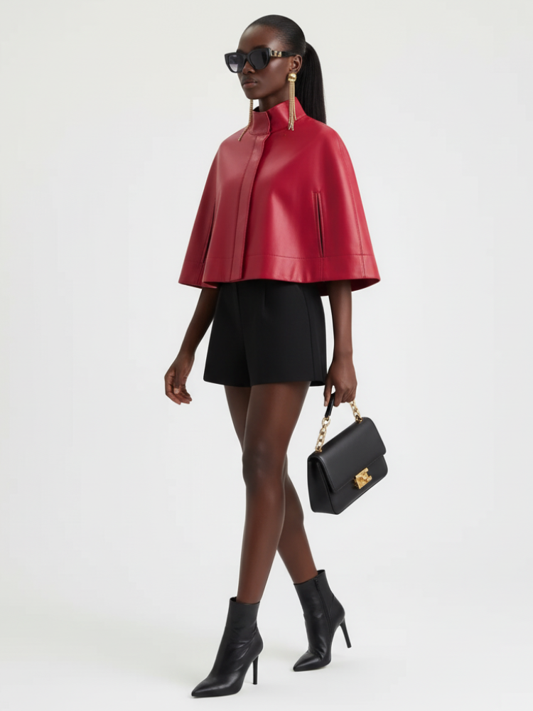 Red Leather-Style Short Cape Jacket For Women, Greenwich Village, BYMANYC New York. See size chart under “more details”
