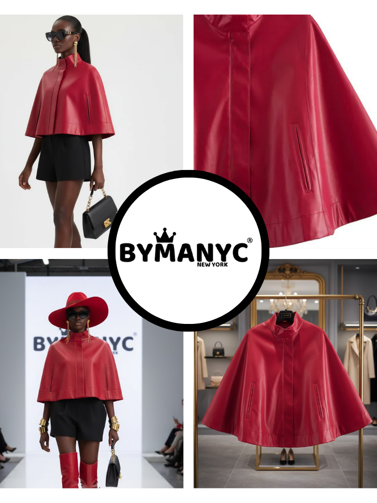 Red Leather-Style Short Cape Jacket For Women, Greenwich Village, BYMANYC New York. See size chart under “more details”