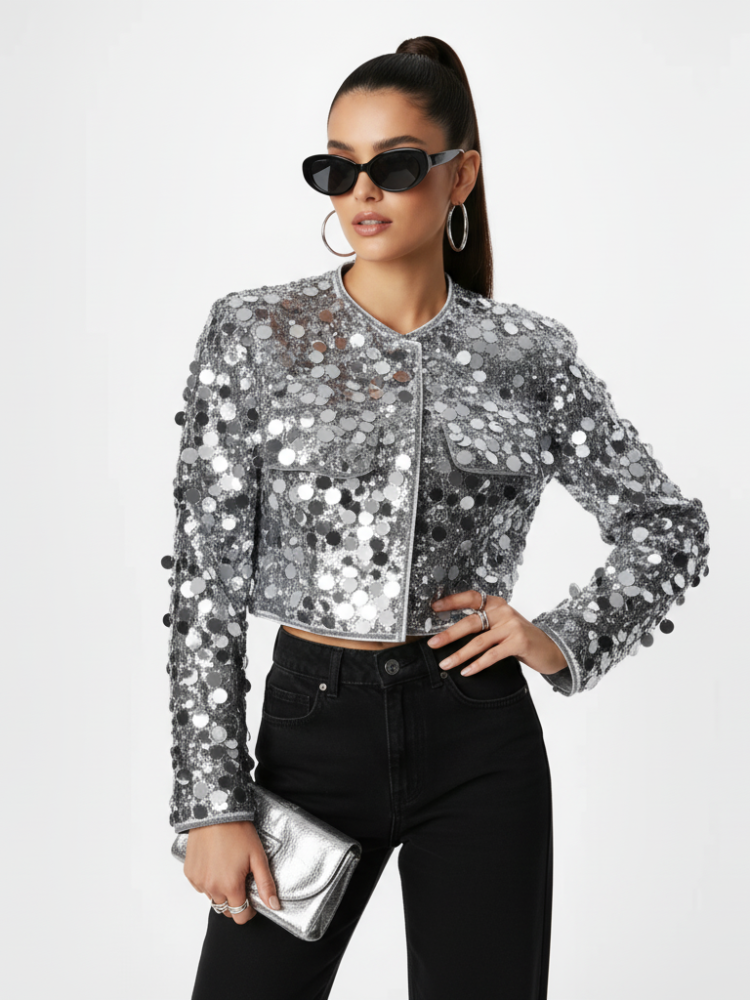 Silver Sequin Jacket For Women, Times Square, BYMANYC New York. See size chart under “more details”