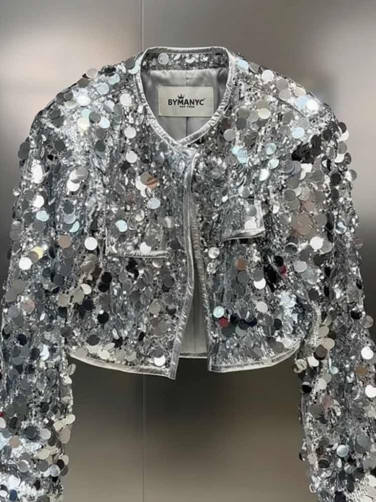 Silver Sequin Jacket For Women, Times Square, BYMANYC New York. See size chart under “more details”