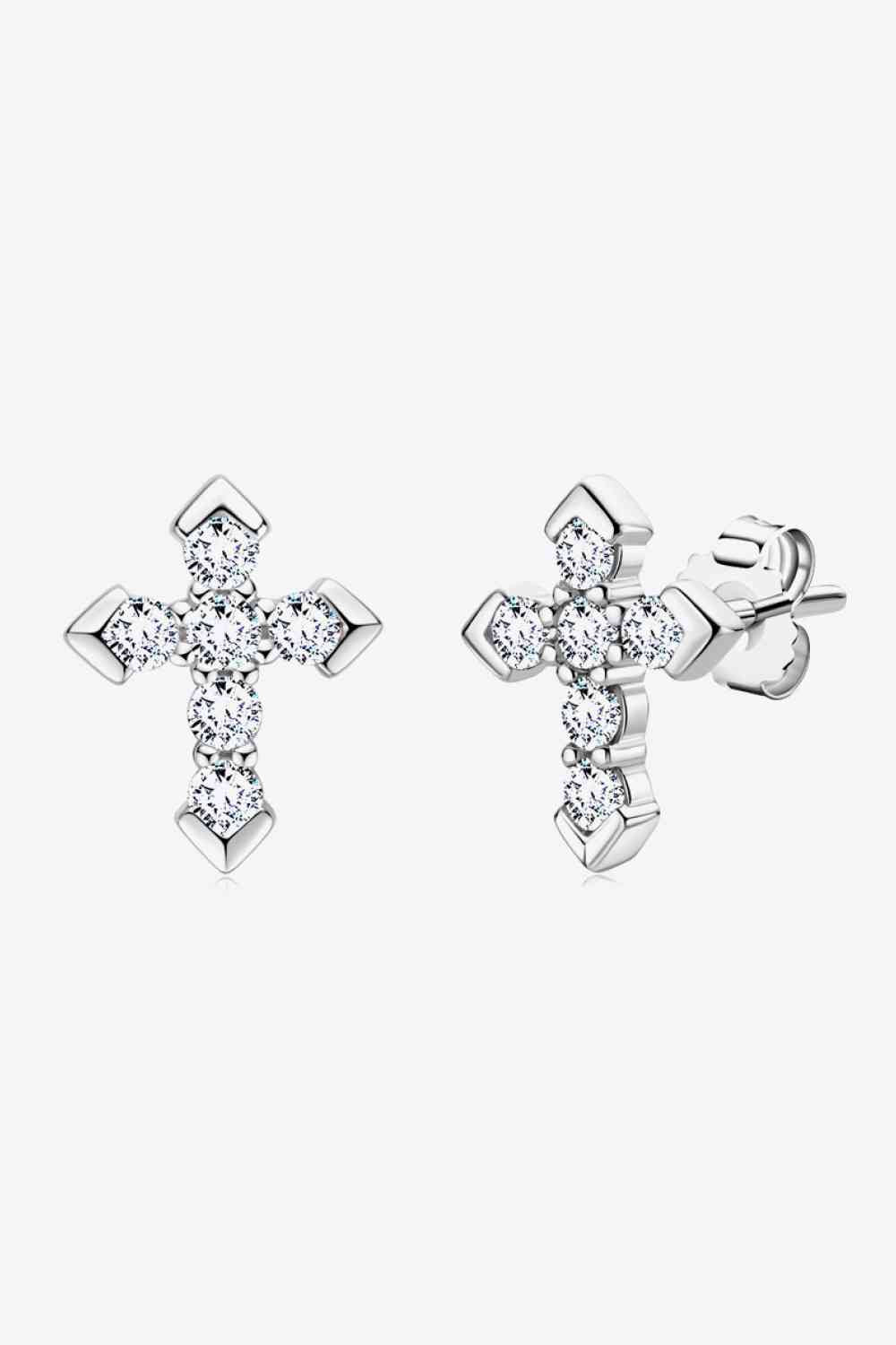 Moissanite Elegance Cross Stud Earrings – Minimalist Design in Platinum-Plated Silver