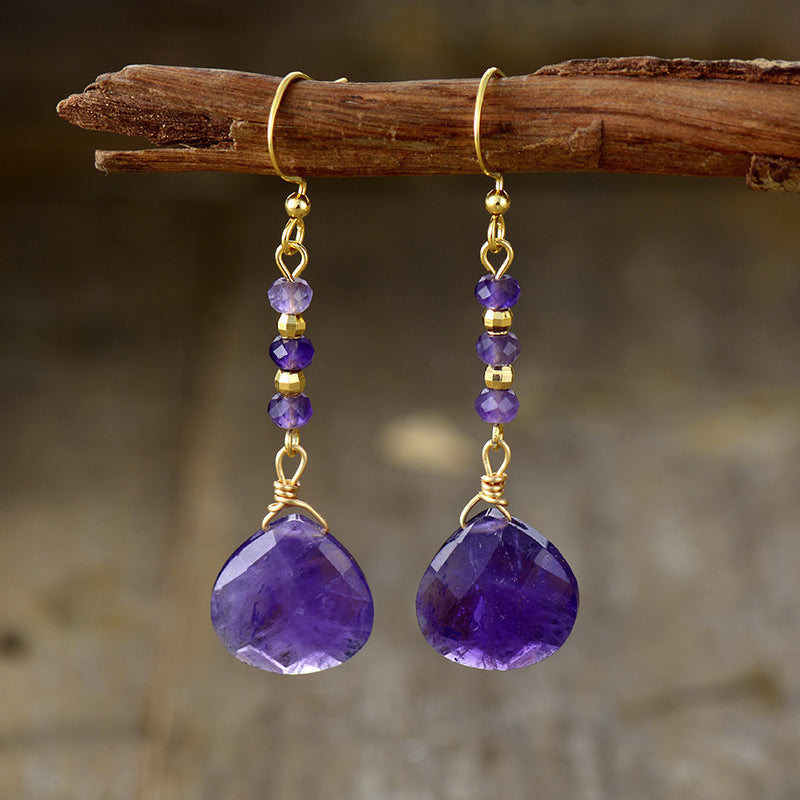 ElegantGlow Natural Stone Bead Shape Earrings – 18K Gold-Plated Amethyst Design