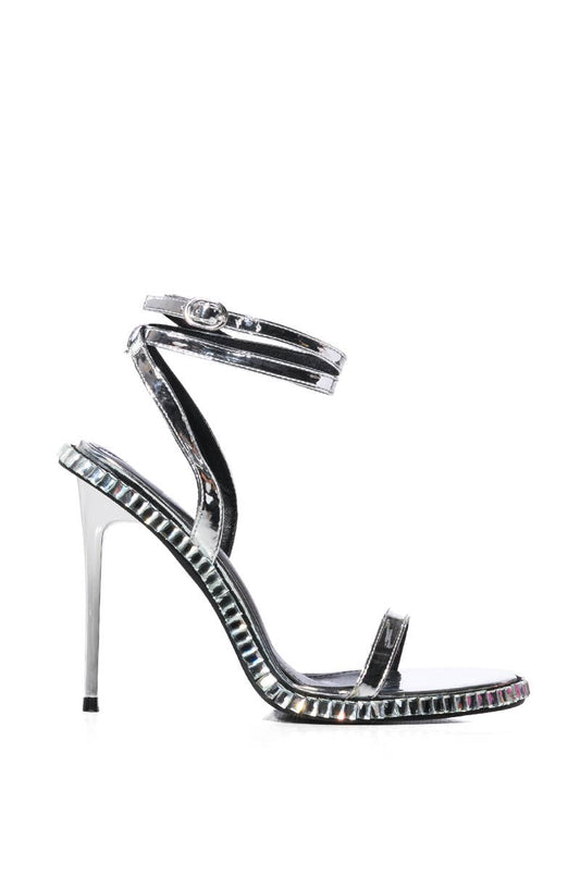 AZALEA WANG- BRIK-BLACK SILVER STILETTO SANDAL HEELS WITH RHINESTONES
