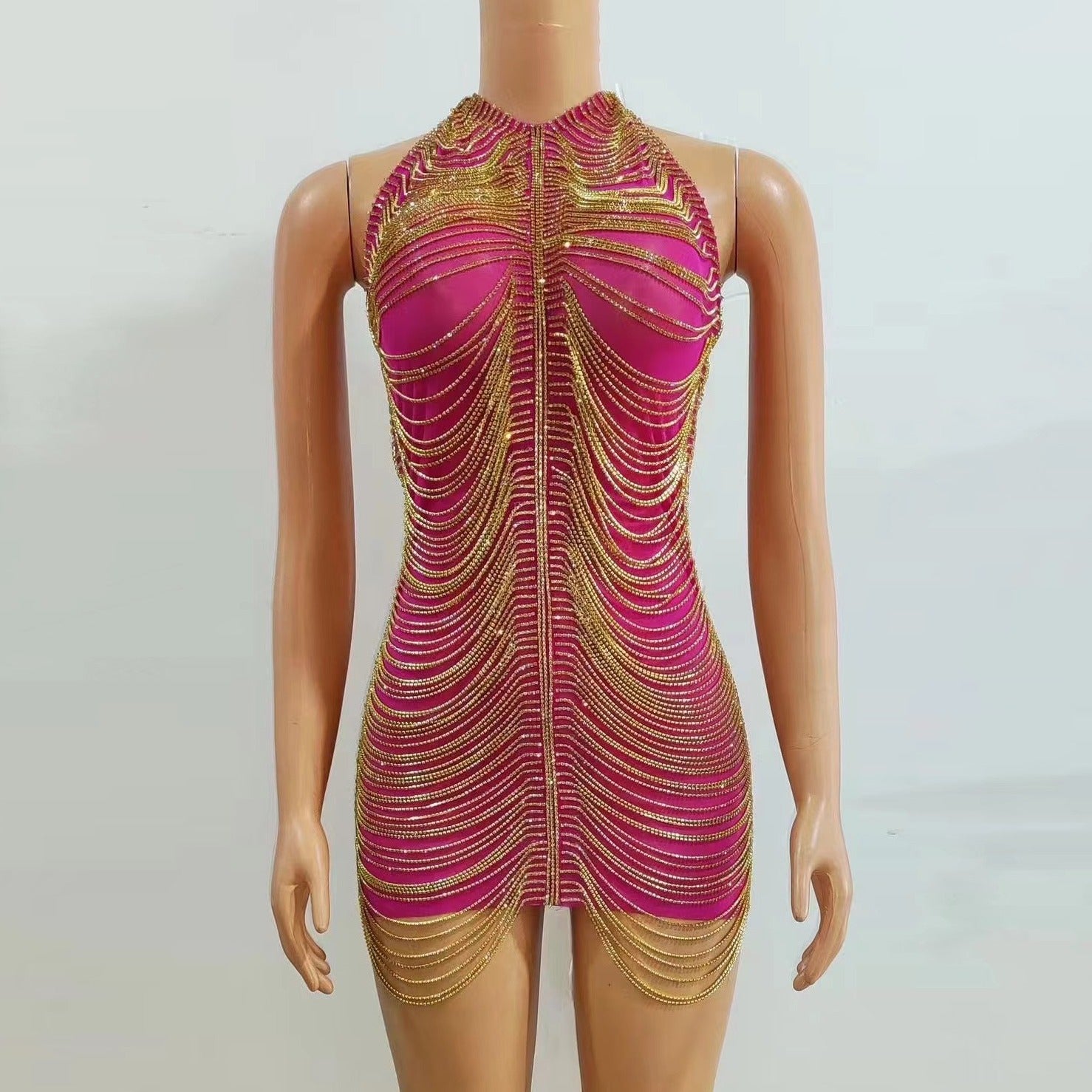 Women's Nightclub Model Dance Party Chain Shiny Hip Bag Backless Skirt See size chart under “more details”