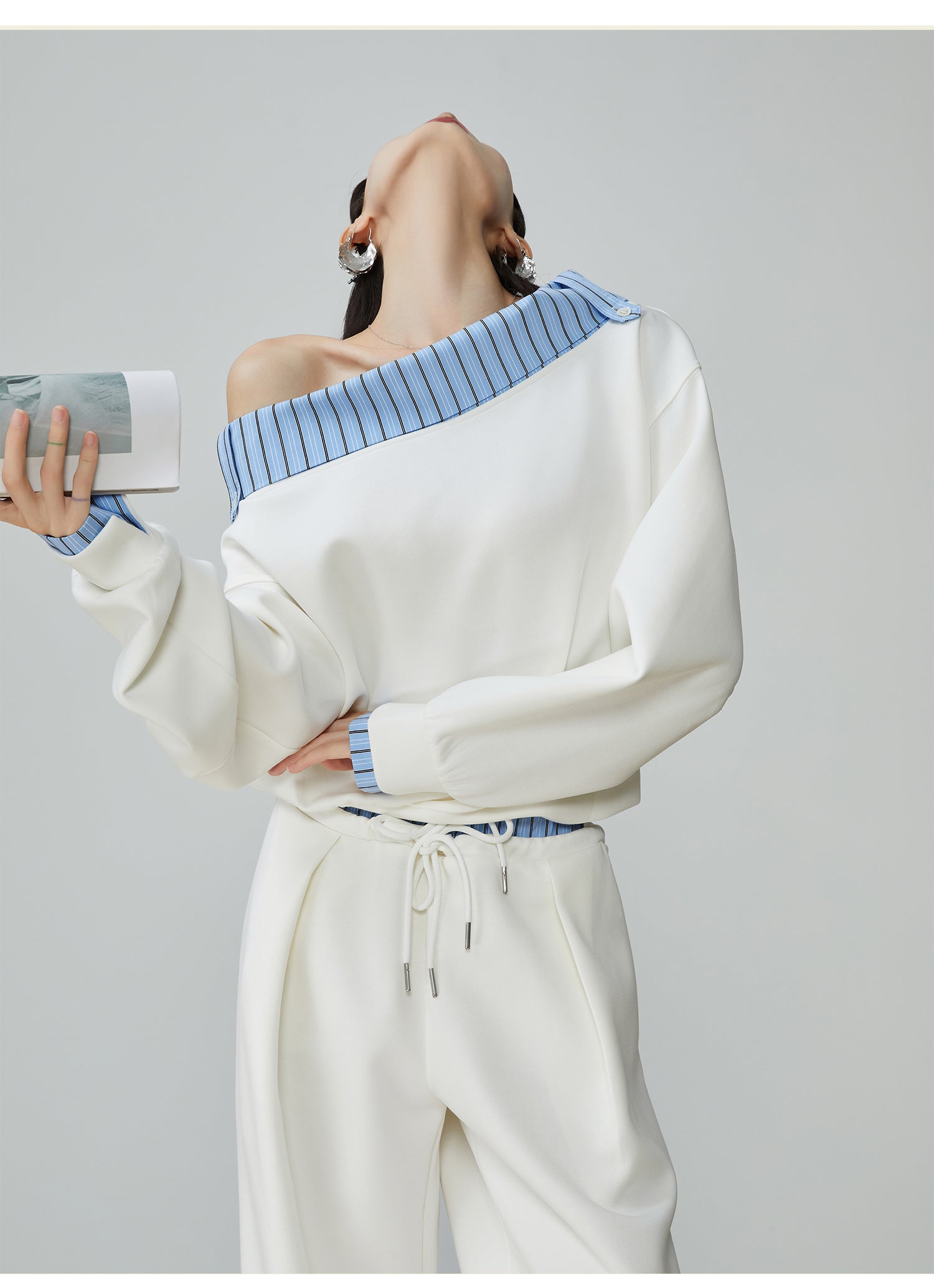 Two Piece Set Of Blue And White Striped Collared Sloping Shoulder Hoodie And Wide Leg Pants